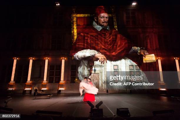 Marie Claude Pietragalla, as the Marquessa Cibo and Simon Dusigne, as the Cardinal Sibo , perform during a dress rehearsal of "Lorenzaccio" by French...