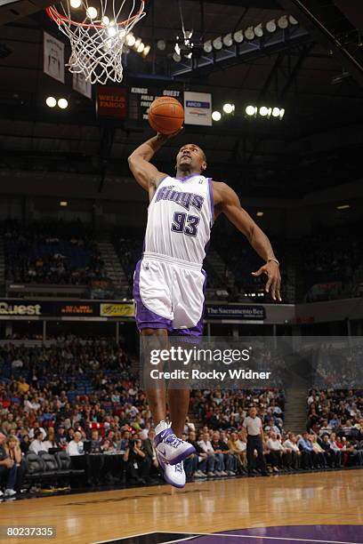 Ron Artest of the Sacramento Kings takes the ball to the basket against the Portland Trail Blazers on March 13, 2008 at ARCO Arena in Sacramento,...