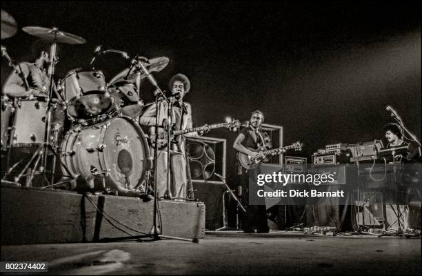 Return To Forever performing on stage, May 4, at the New Victoria Theatre in London. L-R Lenny White, Stanley Clarke, Al Di Meola, Chick Corea.