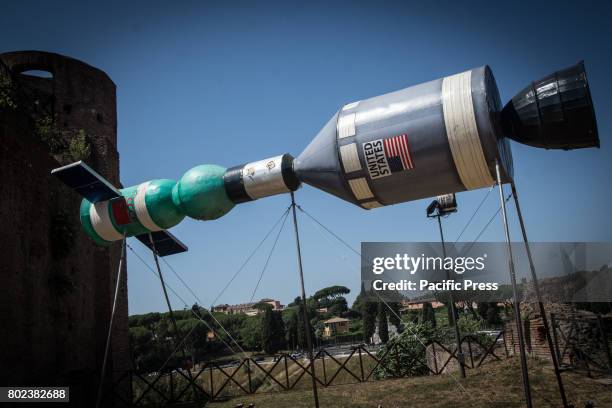 The work: Space Rendezvous by Christian Philip Muller in the exhibition 'From Duchamp to Cattelan - Contemporary Art on the Palatine' in Rome, Italy....