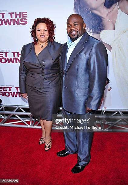 Actors Tamela J. Mann and David Mann pose on the red carpet at the premiere of "Meet The Browns" at the Cinerama Dome theater on March 13, 2008 in...