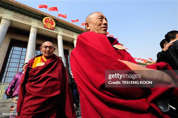Tibetan delegates leave after the closing ceremony of the Chinese People's Political Consultative Conference at the Great Hall of the People in...