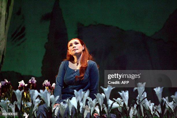 Maira Kerey playing the role of Marguerite performs during the rehearsal of the opera "Faust" by Charles Gounod, on March 12, 2008 at the Grand...