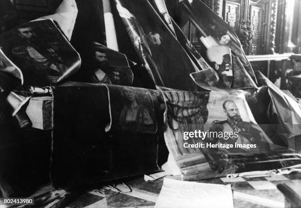 Portraits of the Tsars of Russia which were torn from the walls during the Russian Revolution 1917. Found in the collection of State Museum of...