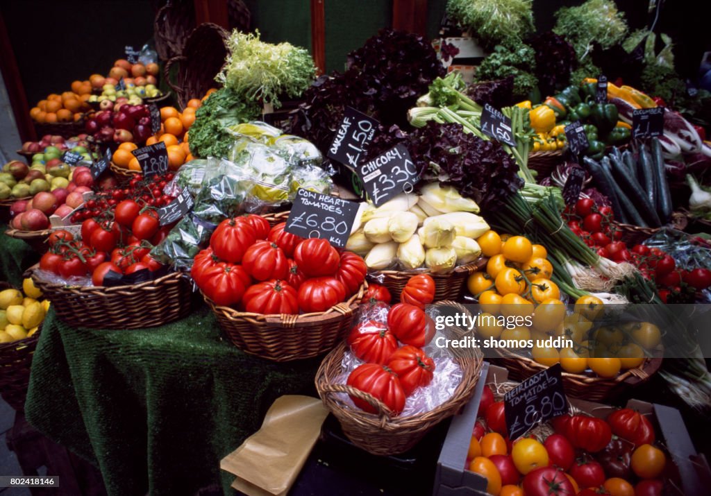 Vegetable selections at market stall
