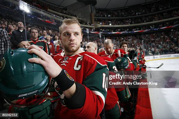 Marian Gaborik of the Minnesota Wild stands near the bench before the game against the Los Angeles Kings at Xcel Energy Center on March 2, 2008 in...
