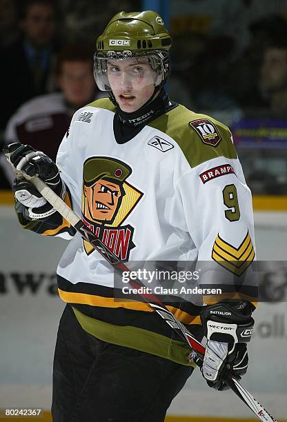 Matt Duchene of the Brampton Battalion skates in a game against the Peterborough Petes on March 12, 2008 at the Peterborough Memorial Centre in...