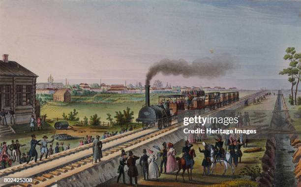Arrival of the first train from St. Petersburg to Tsarskoye Selo on 30 October 1837, Early 1840s. Found in the collection of I. Turgenev Memorial...