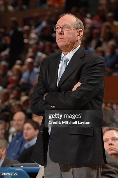 Jim Boeheim, head coach of the Syracuse Orange, coaches against the Villanova Wildcats during the first round of the Big East Conferance Tournament...