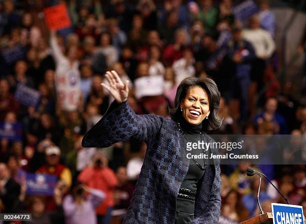 Michelle Obama speaks during a rally for her husband Presidential candidate Barack Obama at the Verizon Wireless Arena in Manchester, New Hampshire...