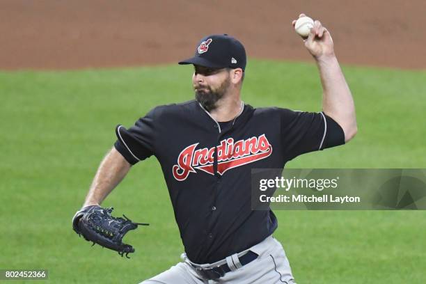 Boone Logan of the Cleveland Indians pitches during a baseball game against the Baltimore Orioles at Oriole Park at Camden Yards on June 22, 2017 in...