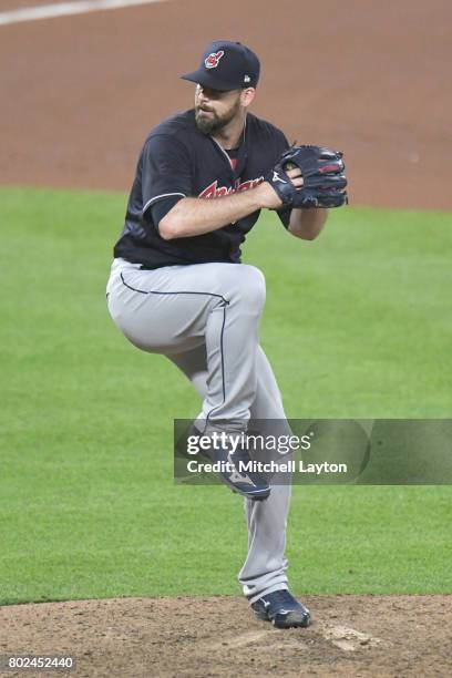 Boone Logan of the Cleveland Indians pitches during a baseball game against the Baltimore Orioles at Oriole Park at Camden Yards on June 22, 2017 in...