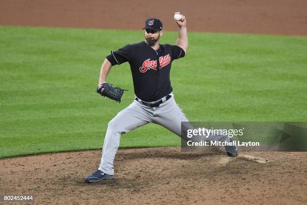 Boone Logan of the Cleveland Indians pitches during a baseball game against the Baltimore Orioles at Oriole Park at Camden Yards on June 22, 2017 in...