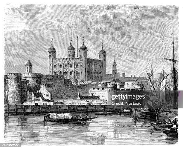 the tower of london, exterior view over river thames - tower of london stock illustrations