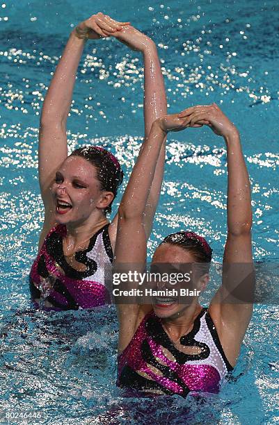 Olivia Allison and Jenna Randall of Great Britain in action during the Duet Technical Routine during day two of the 29th LEN European Championships...