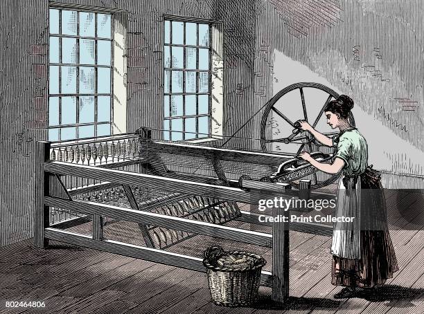 Woman using a Spinning Jenny, c1880. The Spinning Jenny was invented by James Hargreaves in 1764. On his original machine, a single wheel controlled...