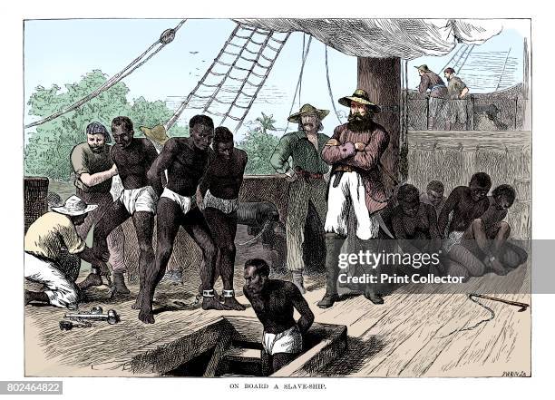 Captives being brought on board a slave ship on the West Coast of Africa , c1880. Although Britain outlawed slavery in 1833 and it was abolished in...