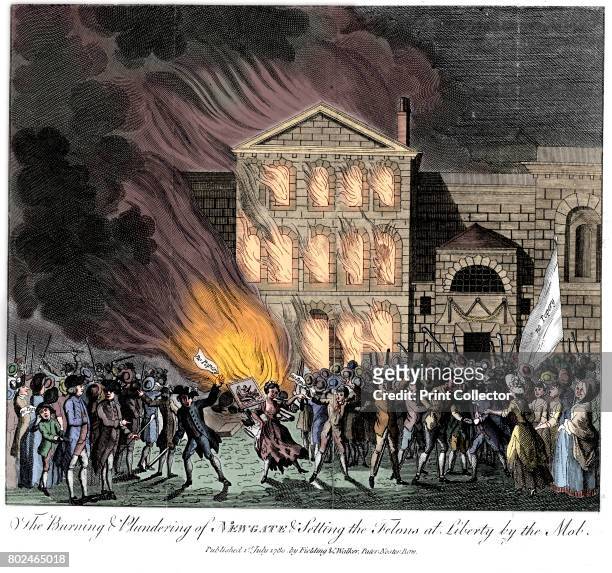 Anti-Catholic Gordon Riots, London, 6-7 June 1780. A mob setting fire to Newgate Prison and freeing prisoners. Lord George Gordon, a retired navy...