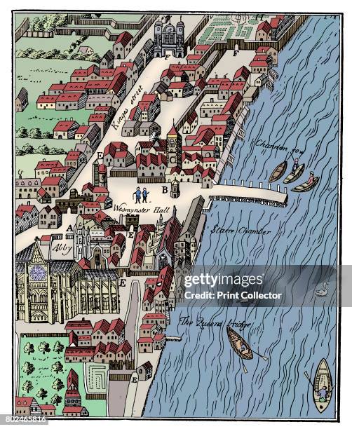 Bird's-eye view of the Palace of Westminster, London, c1560, . The parliament buildings, Westminster Abbey and the River Thames, 'taken from Aggas's...