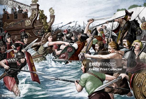 The landing of Julius Caesar in Britain, 55 BC, . Illustration from Story of the British Nation, Volume I, by Walter Hutchinson, . . Artist Richard...