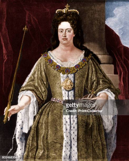 Queen Anne, c1702 . From the original painting by John Closterman, in the National Portrait Gallery, London. Anne was the daughter of James II,...
