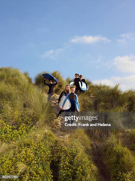 five teenagers walking down a grass bank. - croyde beach stock pictures, royalty-free photos & images