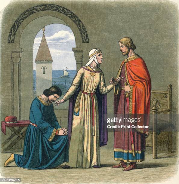 Richard pardons his brother John', 1864. Richard I, pardons his brother Prince John, , at the behest of their mother, Eleanor of Aquitaine, From A...
