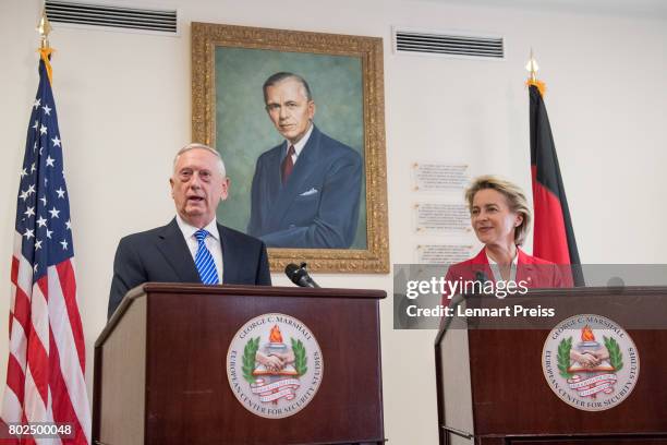 Defense Secretary James N. Mattis and German Defense Minister Ursula von der Leyen brief the media after bilateral talks before the celebration of...