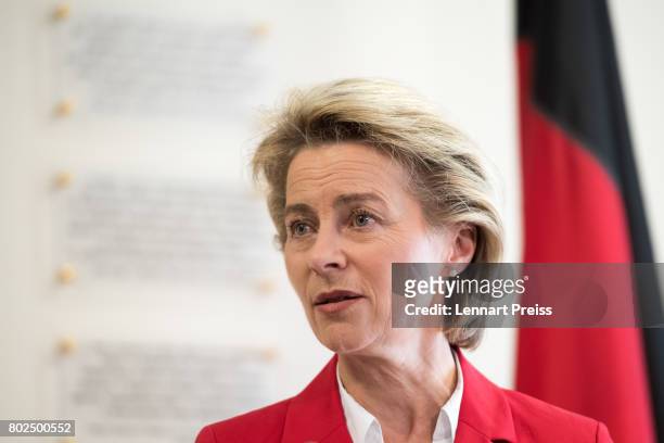 German Defense Minister Ursula von der Leyen briefs the media after bilateral talks with U.S. Defense Secretary James N. Mattis before the...
