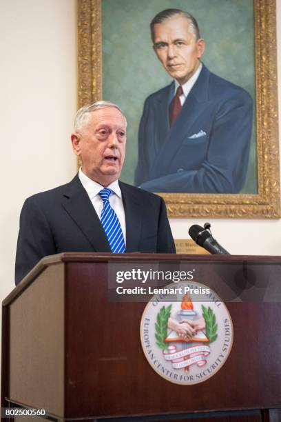 Defense Secretary James N. Mattis briefs the media after bilateral talks with German Defense Minister Ursula von der Leyen before the celebration of...