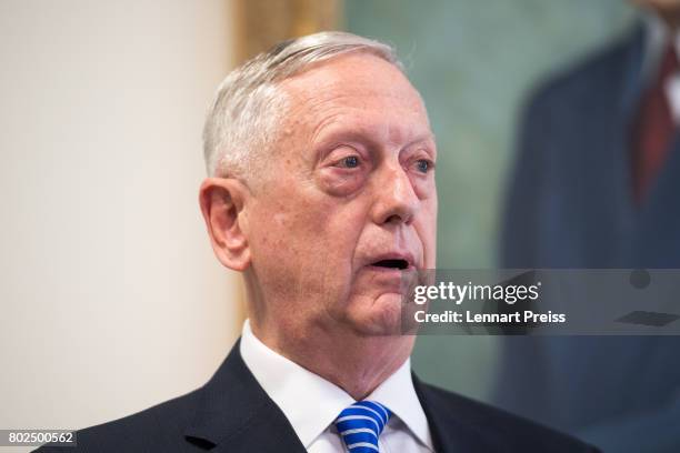 Defense Secretary James N. Mattis briefs the media after bilateral talks with German Defense Minister Ursula von der Leyen before the celebration of...