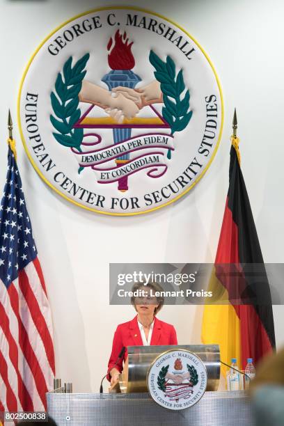 German Defense Minister Ursula von der Leyen speaks during the celebration of the 70th anniversary of the Marshall Plan at George C. Marshall...