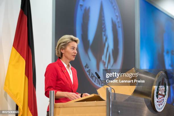 German Defense Minister Ursula von der Leyen speaks during the celebration of the 70th anniversary of the Marshall Plan at George C. Marshall...