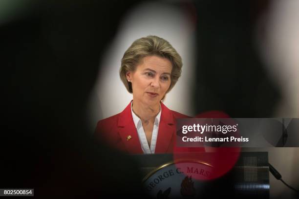 German Defense Minister Ursula von der Leyen speaks during the celebration of the 70th anniversary of the Marshall Plan at George C. Marshall...