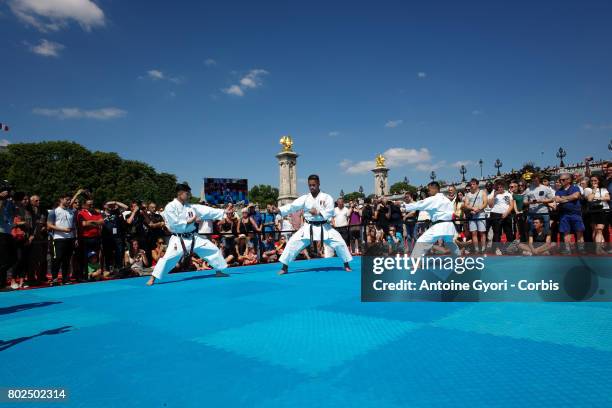 People practice judo on June 23, 2017 in Paris, during an event to promote the candidacy of the city of Paris for the Summer Olympics Games in 2024....