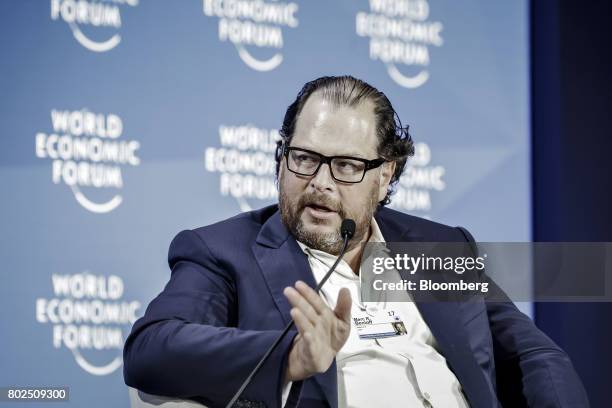 Marc Benioff, chairman and chief executive officer of Salesforce.com Inc., speaks during a session at the World Economic Forum Annual Meeting of the...