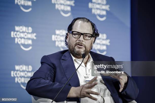 Marc Benioff, chairman and chief executive officer of Salesforce.com Inc., speaks during a session at the World Economic Forum Annual Meeting of the...