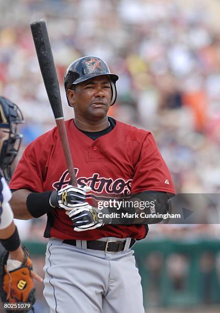 Miguel Tejada of the Houston Astros bats during the spring training game against the Detroit Tigers at Joker Marchant Stadium in Lakeland, Florida on...