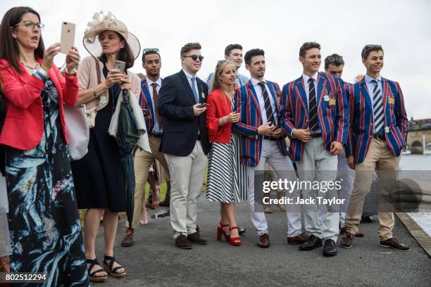 Spectators gather along the bank of the River Thames at the Henley Royal Regatta on June 28, 2017 in Henley-on-Thames, England. The five day Henley...