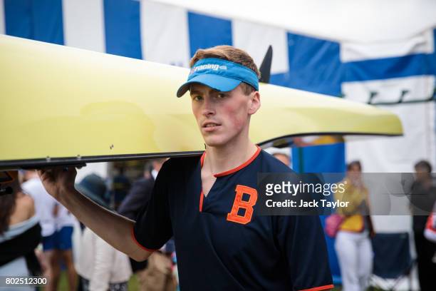 Crew carry their boat to the water at the Henley Royal Regatta on June 28, 2017 in Henley-on-Thames, England. The five day Henley Royal Regatta is...