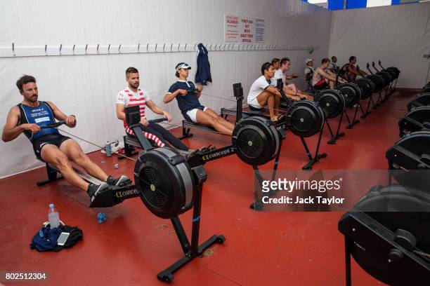 Competitors warm up on rowing machines at the Henley Royal Regatta on June 28, 2017 in Henley-on-Thames, England. The five day Henley Royal Regatta...