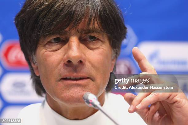 Jochim Loew, head coach of team Germany talks to the media during a Press Conference of the German national team ahead of their FIFA Confederations...