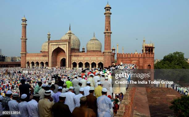 Indian Muslims during Eid ul-Fitr at Jama Masjid Mosque in New Delhi.