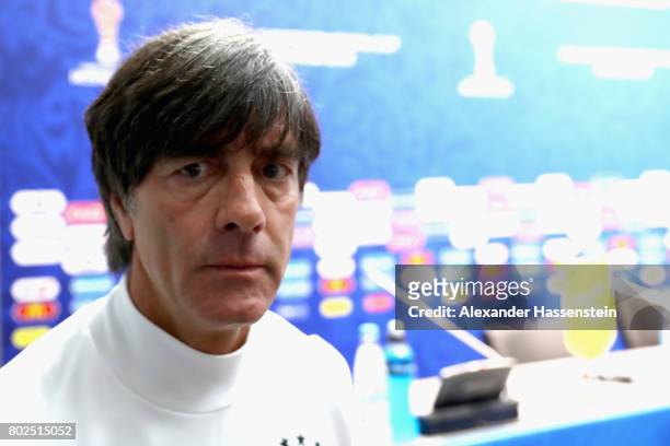 Jochim Loew, head coach of team Germany leaves the podium after a Press Conference of the German national team ahead of their FIFA Confederations Cup...