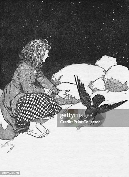 Suddenly a Large Raven Hopped Upon the Snow in front of her', c1930. An illustration from 'The Snow Queen' by Hans Christian Andersen. From Hans...