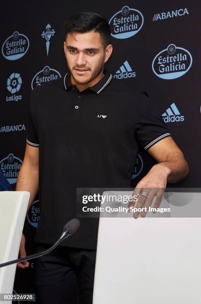 Maxi Gomez faces the media during his presentation as a new player for Celta de Vigo at Estadio Balaidos on June 28, 2017 in Vigo, Spain.