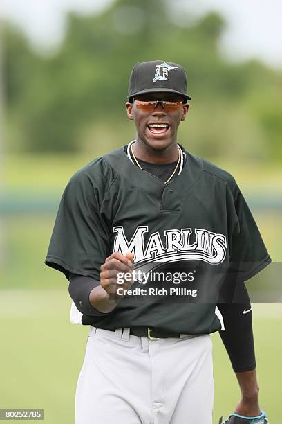 Cameron Maybin of the Florida Marlins prior to the game between the Florida Marlins and the Los Angeles Dodgers at Holman Stadium in Vero Beach,...