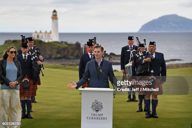 Eric Trump and his wife Lara attend the opening Trump Turnberry's new golf course the King Robert The Bruce course on June 28, 2017 in...