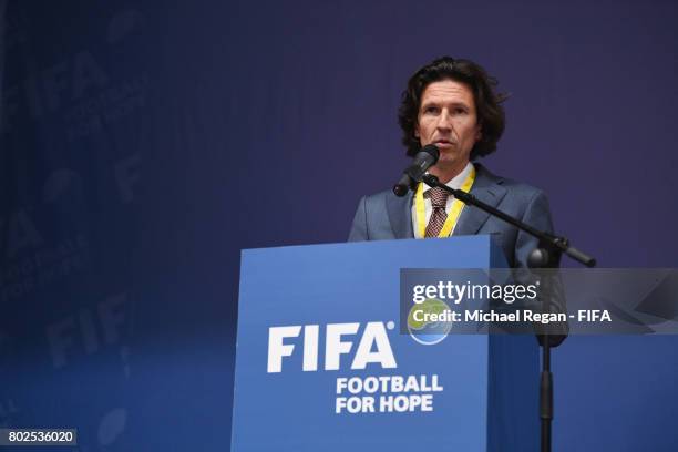 Alexey Smertin gives a keynote speech during the Football For Hope Forum on June 28, 2017 in Kazan, Russia.