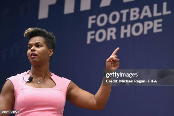 Karina Leblanc gives a keynote speech during the Football For Hope Forum on June 28, 2017 in Kazan, Russia.